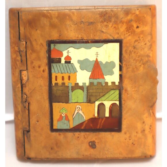 Russian Imperial Era Burl Cigarette Box Inlaid Babushka Scene Lid - Picture 2 of 10